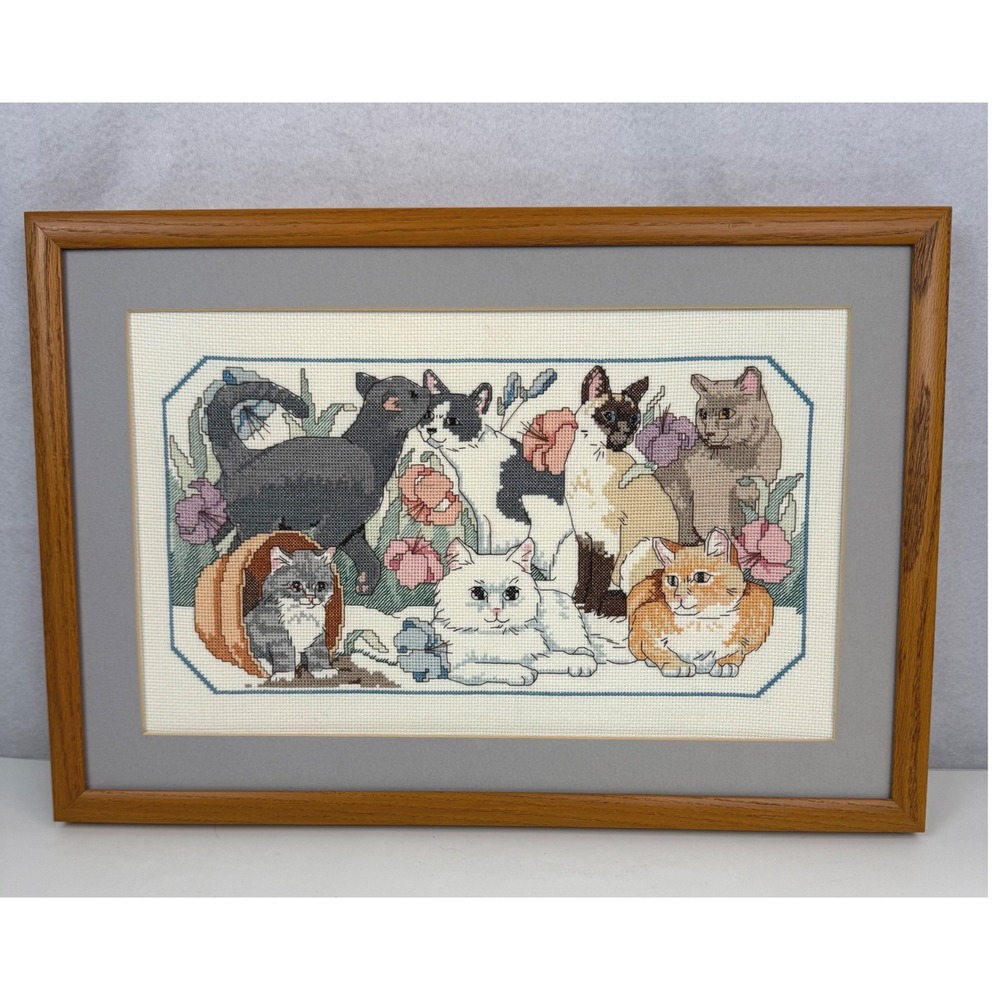 Purrfect Garden Handmade Cross Stitch Cats Kittens Framed Wall Art